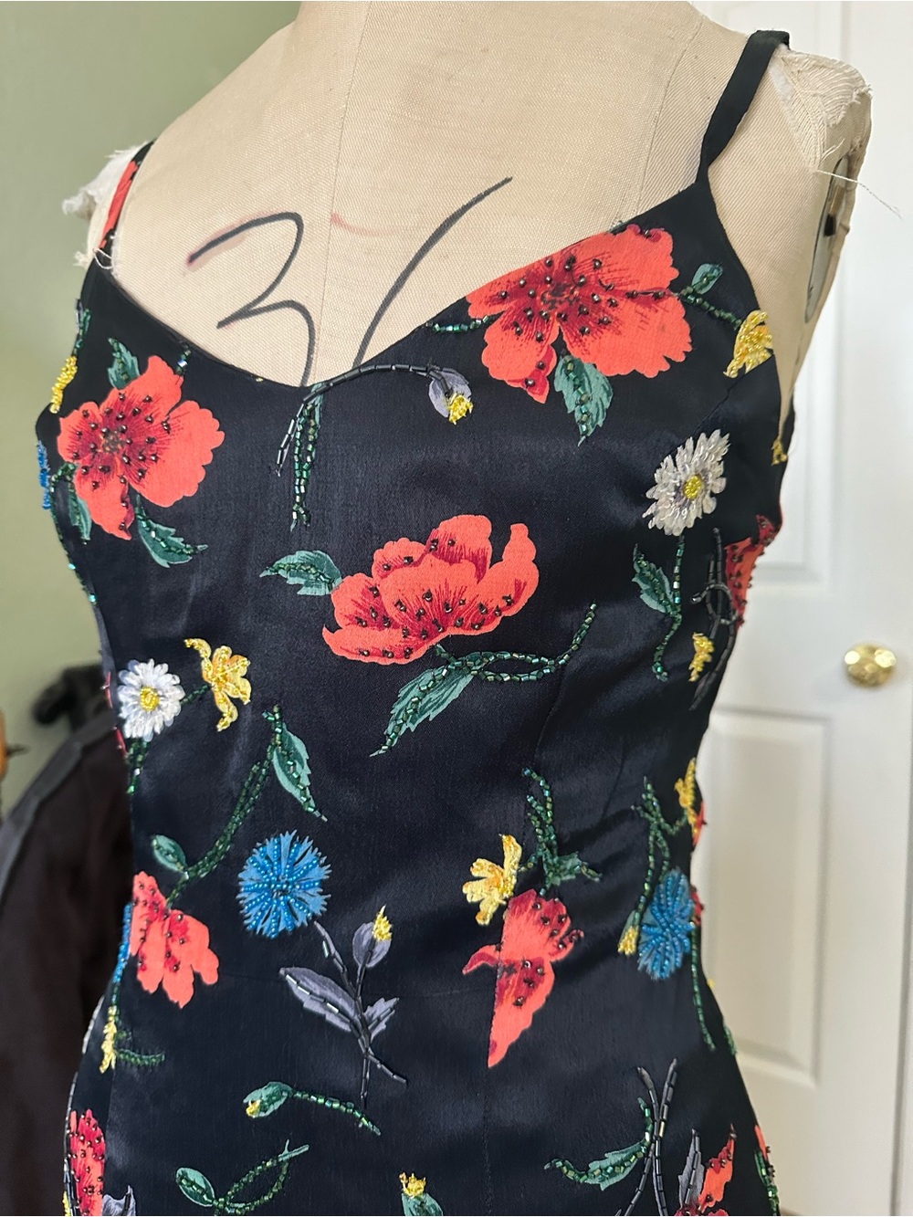 90s Adrianna Papell Evening Black Floral V-Neck Slip Dress with beaded sequin
